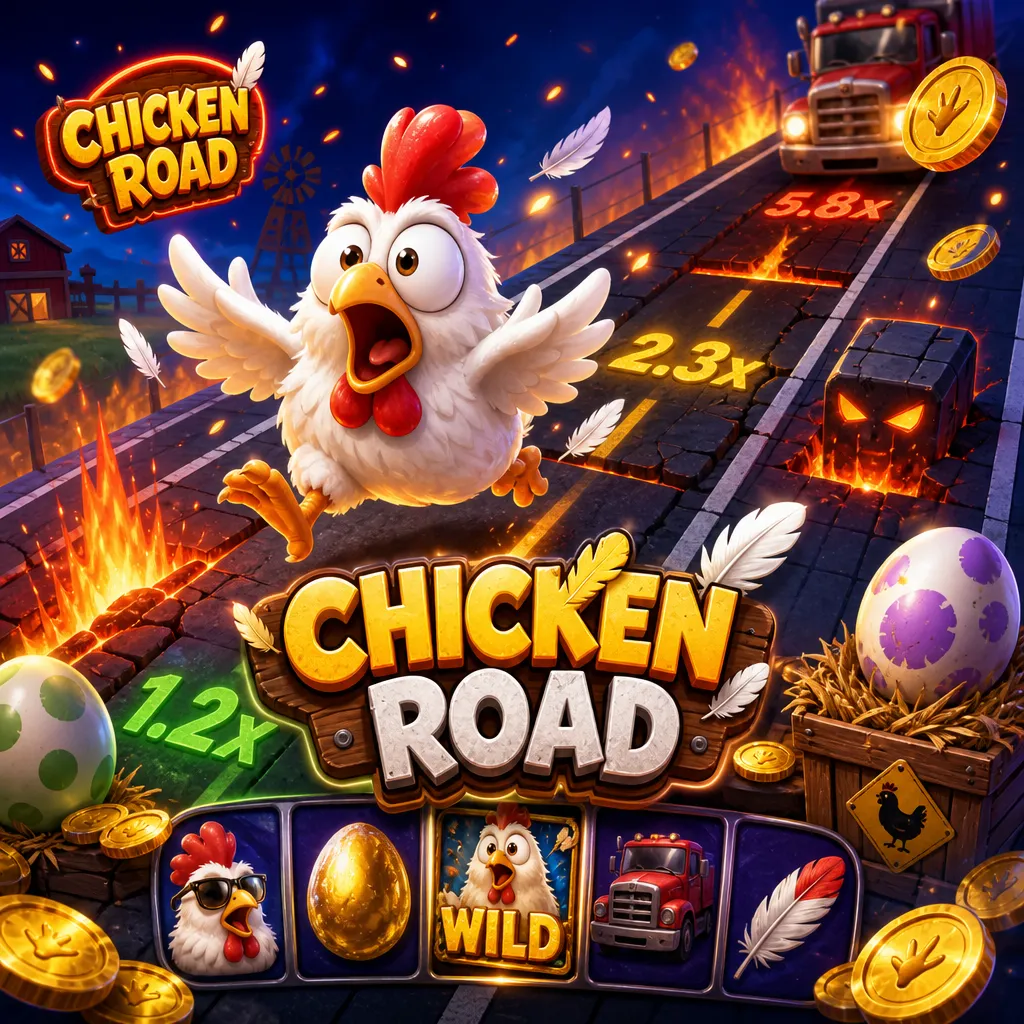 Square promo image for Chicken Road game featuring humorous chicken theme with road lanes, eggs, and bright visuals.