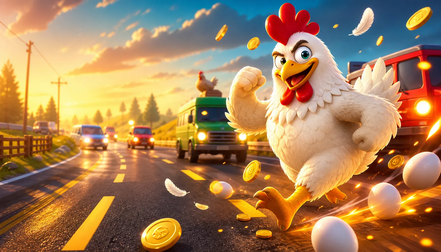 3D chicken crossing dynamic road with coins and eggs in vibrant game setting