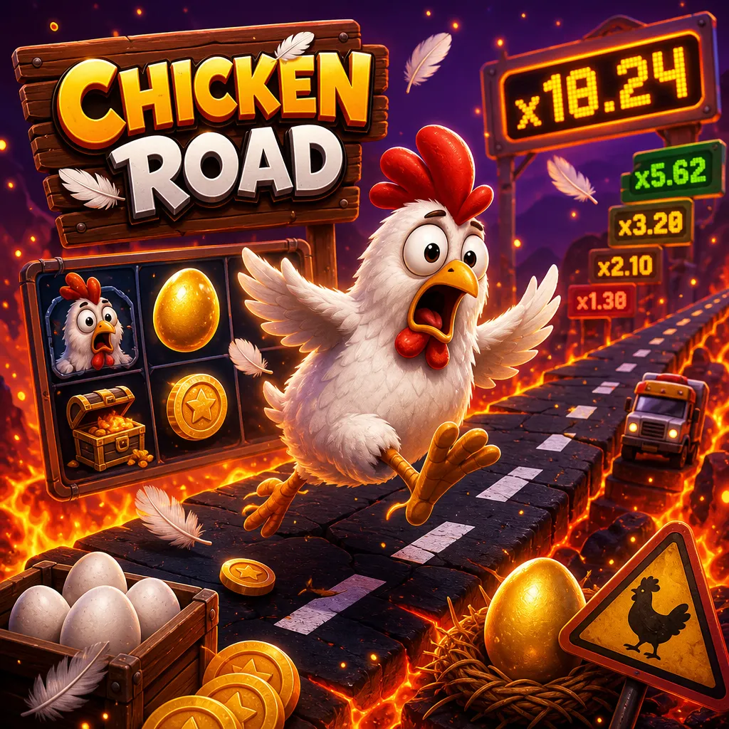 Colorful Chicken Road slot game promo with funny chicken and road theme in 1024x1024 square image.