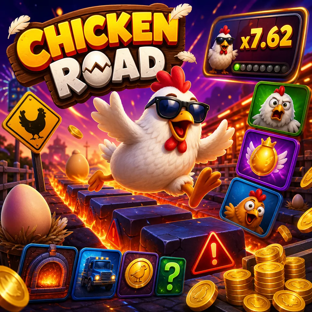 Square promo image for Chicken Road slot game featuring a lively chicken, colorful road lanes, and playful elements.